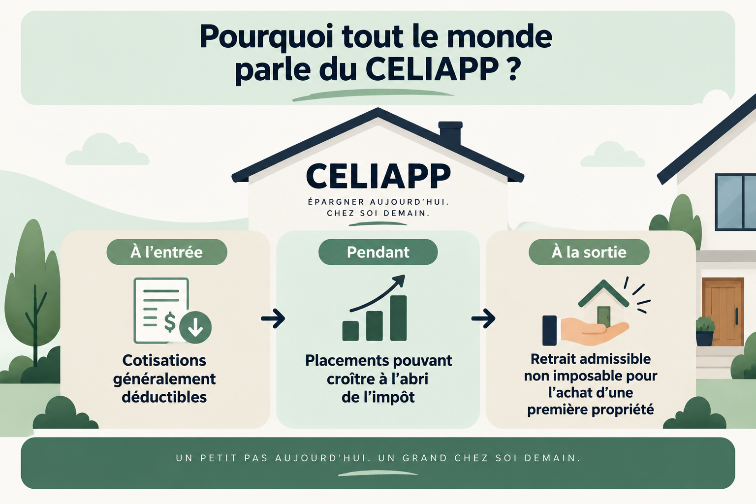 Fonctionnement du CELIAPP : cotisations généralement déductibles, placements à l’abri de l’impôt et retrait admissible non imposable pour une première propriété.